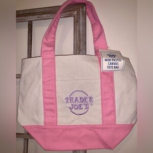 NWT Trader Joe’s Mini Canvas Tote Bag Pastel Pink-Pastel Purple Embroidered Logo